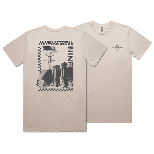 Beige t-shirt with black graphic design showing Industry Nine  hubs being machined and 'Industry Nine' text on a white background