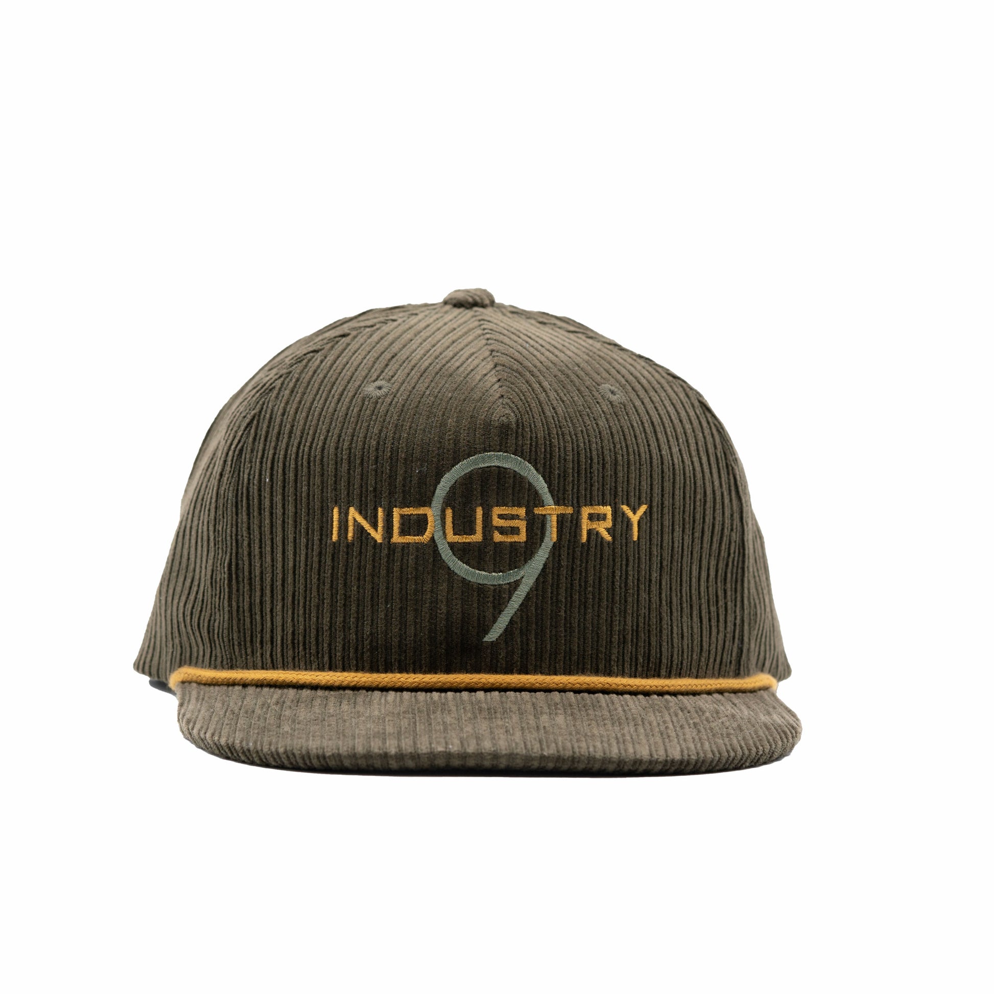 Brown corduroy cap with 'Industry 9' logo on a white background