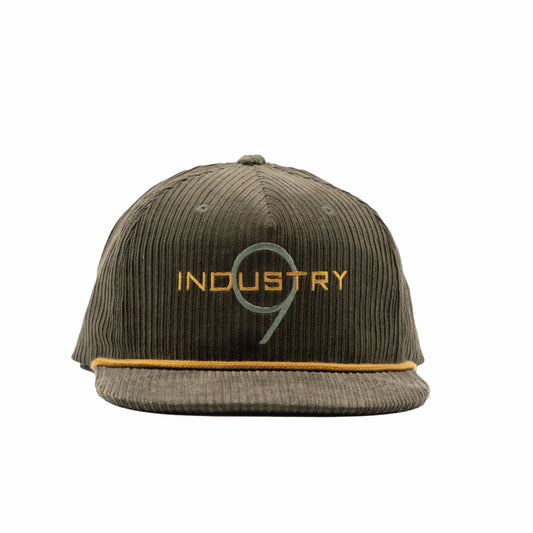 Brown corduroy cap with 'Industry 9' logo on a white background