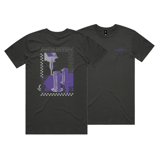 Two black t-shirts with purple graphic designs showing Industry Nine Hubs being milled