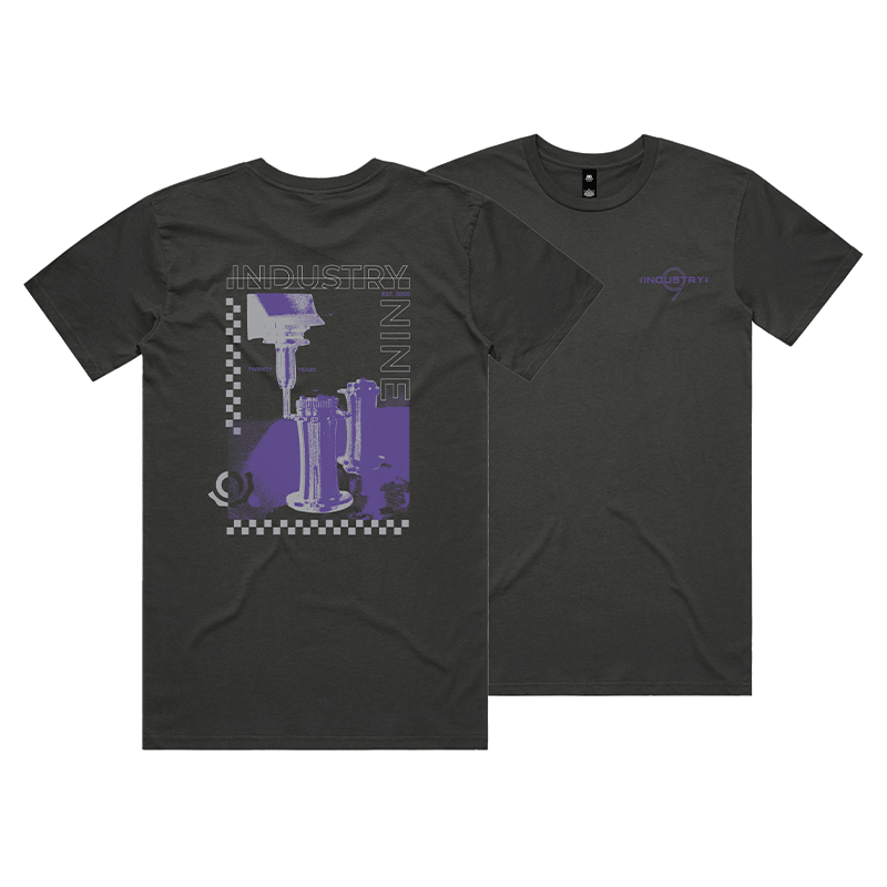 Two black t-shirts with purple graphic designs showing Industry Nine Hubs being milled