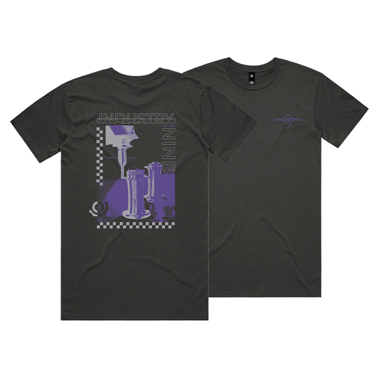 Two black t-shirts with purple graphic designs showing Industry Nine Hubs being milled