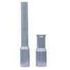 Two metallic silver cylindrical tool bits or adapter pieces standing upright on a plain white background.